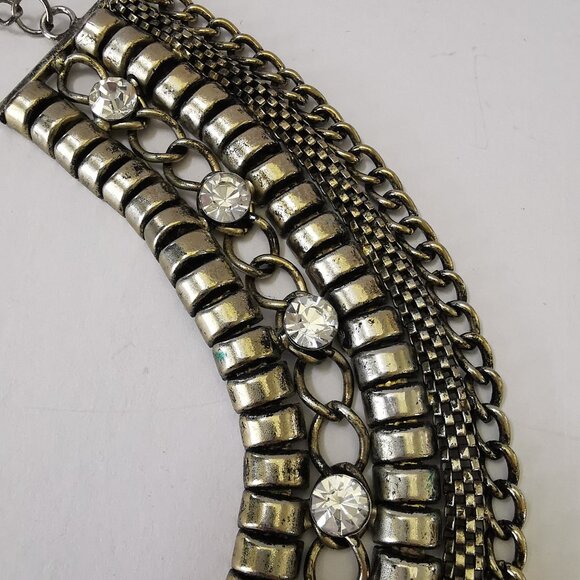 Wide Chain& Rhinestone Cleopatra Collar Necklace Bib Collar 5 Rows - Picture 4 of 10